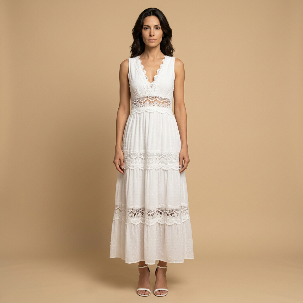 Vestido Largo Mujer de Encaje Estilo Boho Escote en V - Mavetta