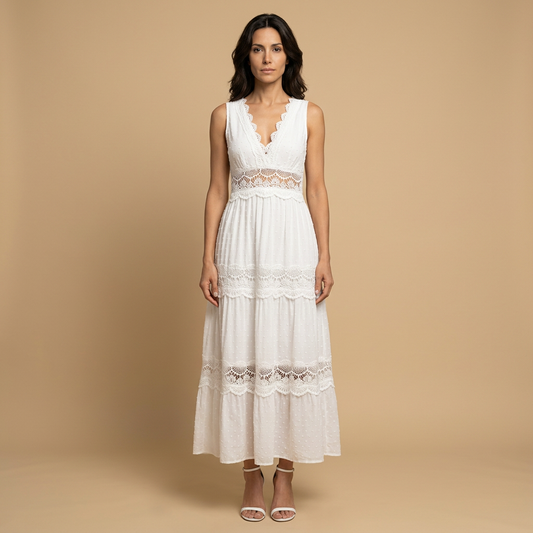 Vestido Largo Mujer de Encaje Estilo Boho Escote en V - Mavetta