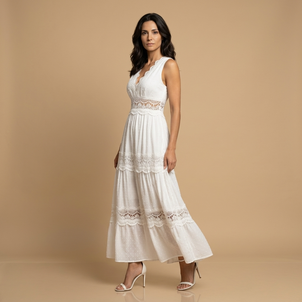 Vestido Largo Mujer de Encaje Estilo Boho Escote en V