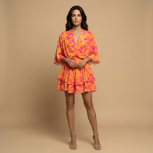 Vestido Corto Mujer Floral Manga Kimono con Volantes - Mavetta