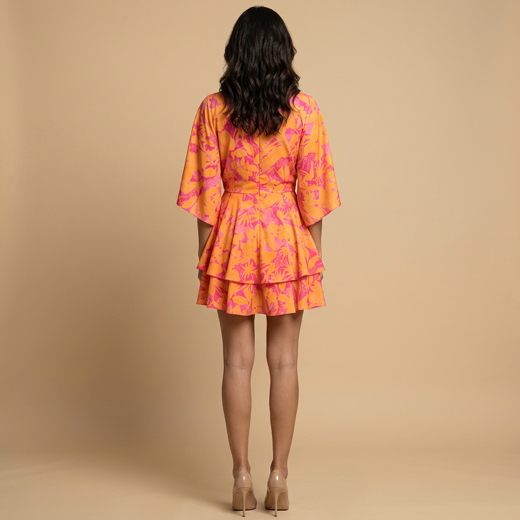 Vestido Corto Mujer Floral Manga Kimono con Volantes