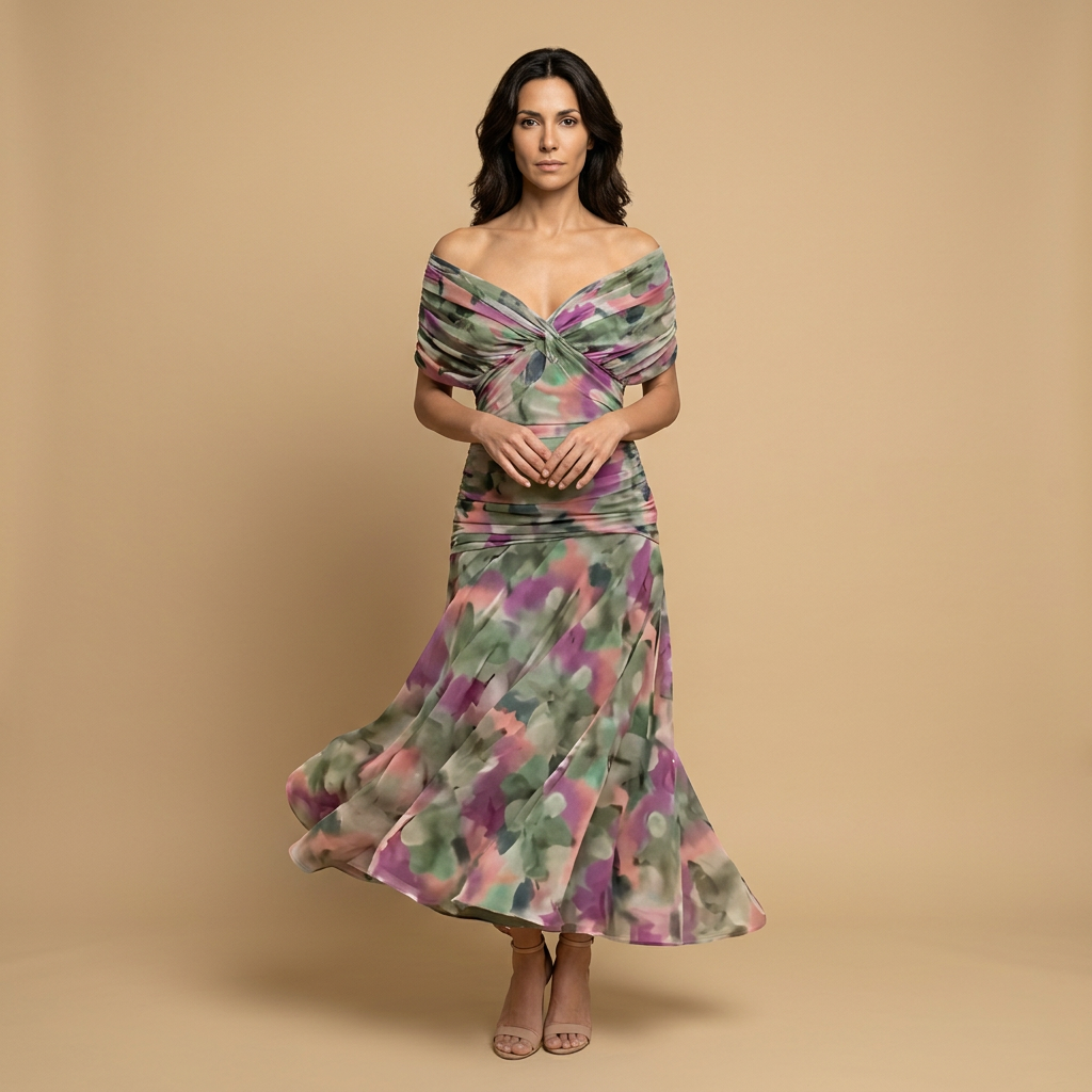 Vestido Largo Mujer de Chifón Escote Bardot