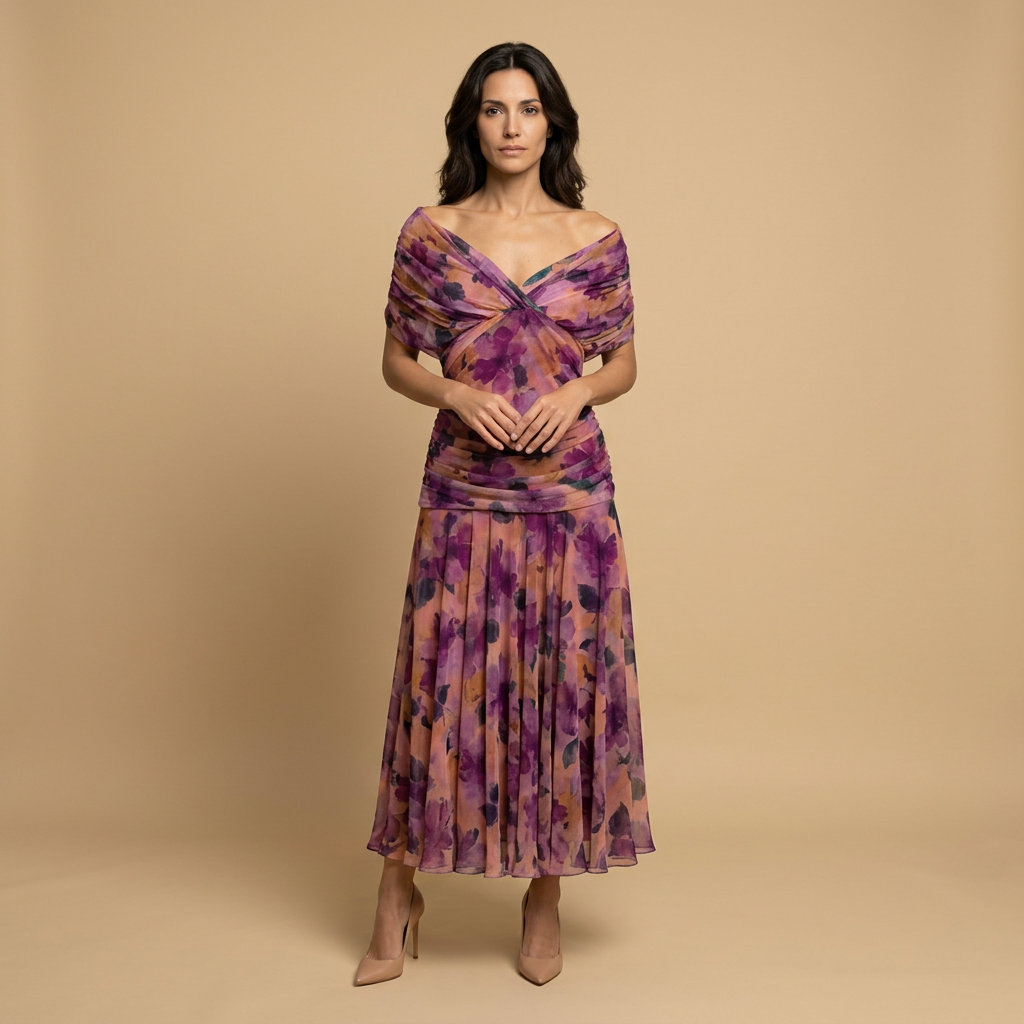 Vestido Largo Mujer de Chifón Escote Bardot