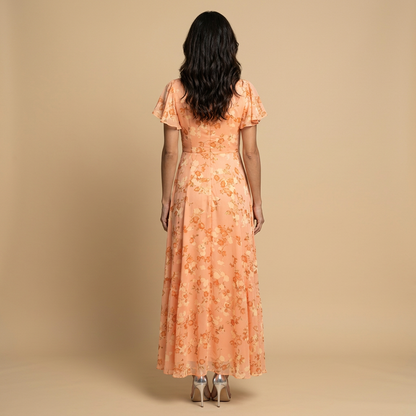 Vestido Largo Mujer de Chifón Floral Manga Mariposa