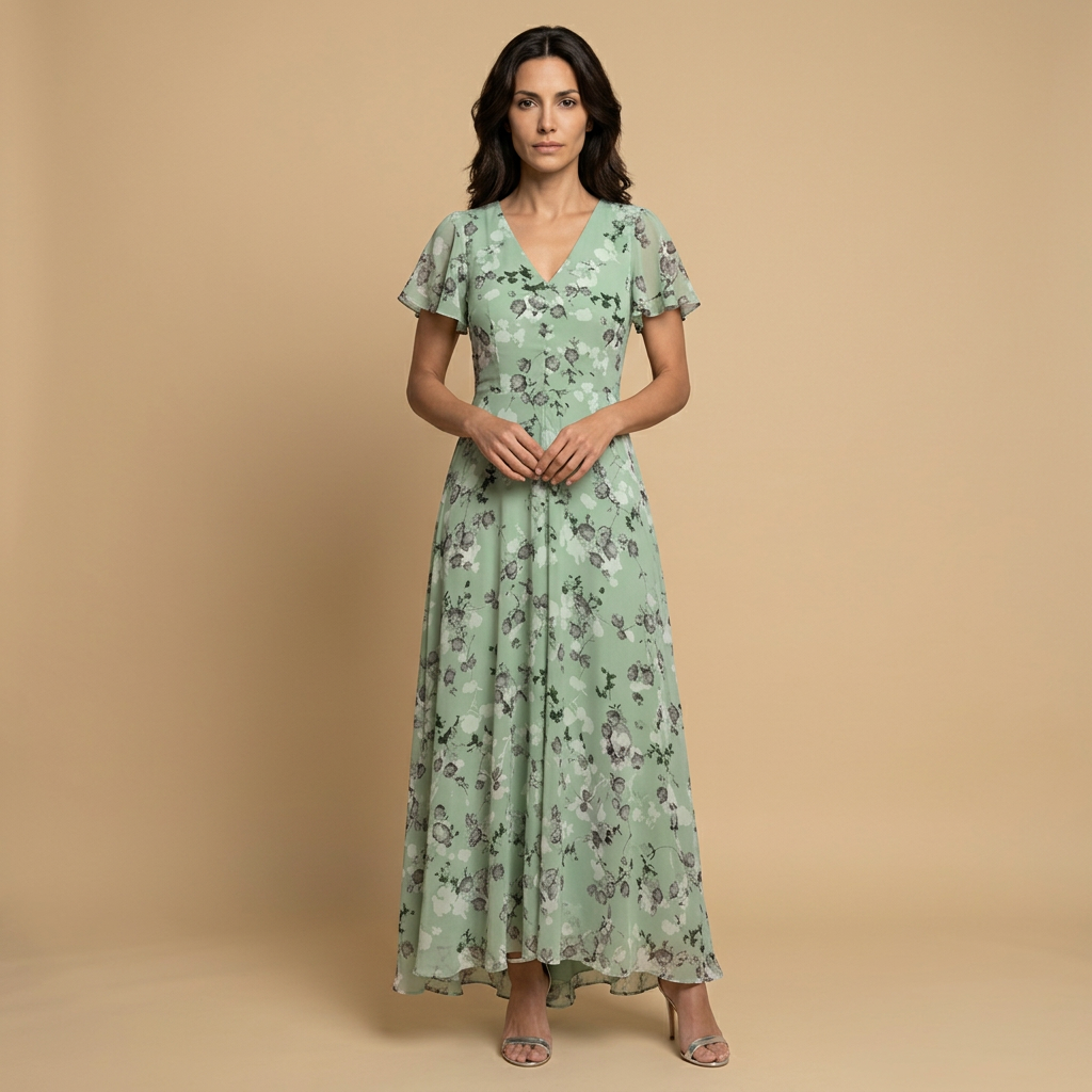 Vestido Largo Mujer de Chifón Floral Manga Mariposa