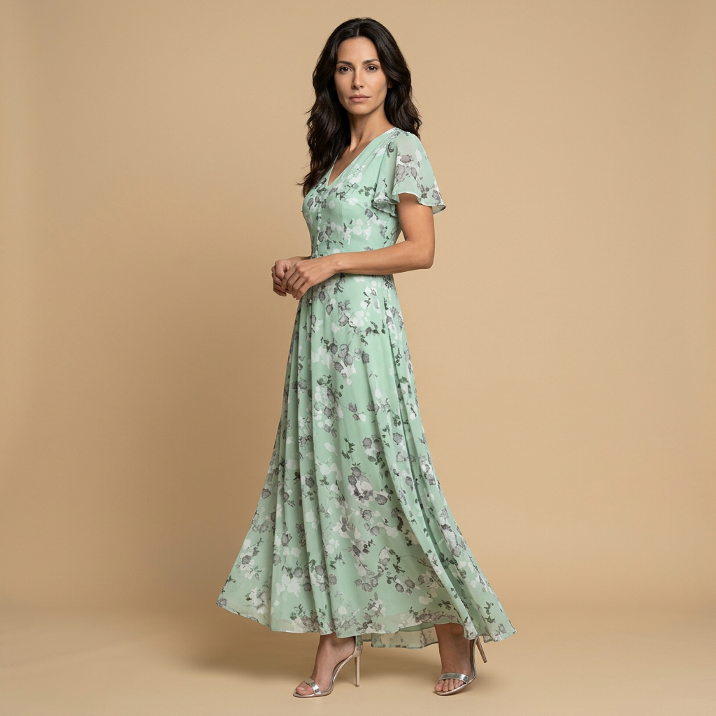 Vestido Largo Mujer de Chifón Floral Manga Mariposa