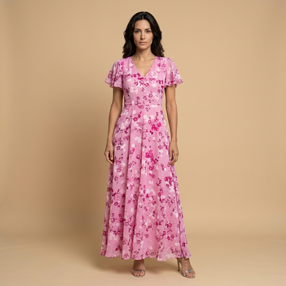 Vestido Largo Mujer de Chifón Floral Manga Mariposa