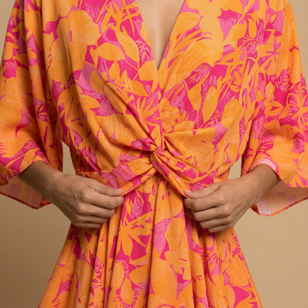 Vestido Corto Mujer Floral Manga Kimono con Volantes