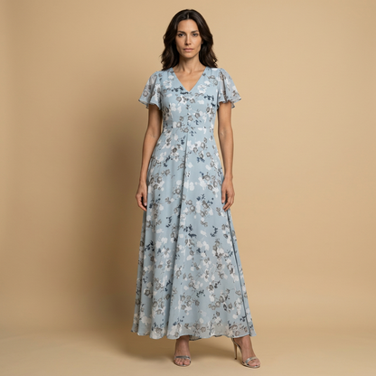 Vestido Largo Mujer de Chifón Floral Manga Mariposa