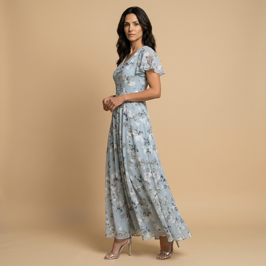 Vestido Largo Mujer de Chifón Floral Manga Mariposa