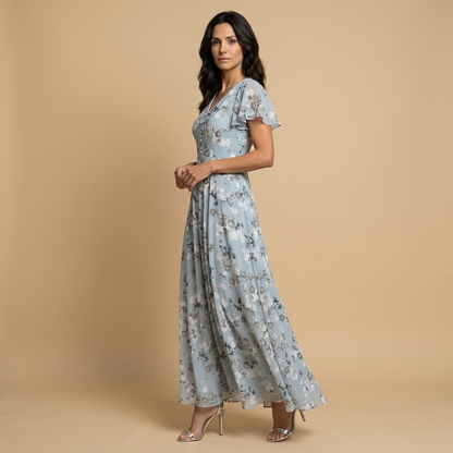 Vestido Largo Mujer de Chifón Floral Manga Mariposa