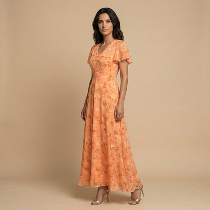 Vestido Largo Mujer de Chifón Floral Manga Mariposa
