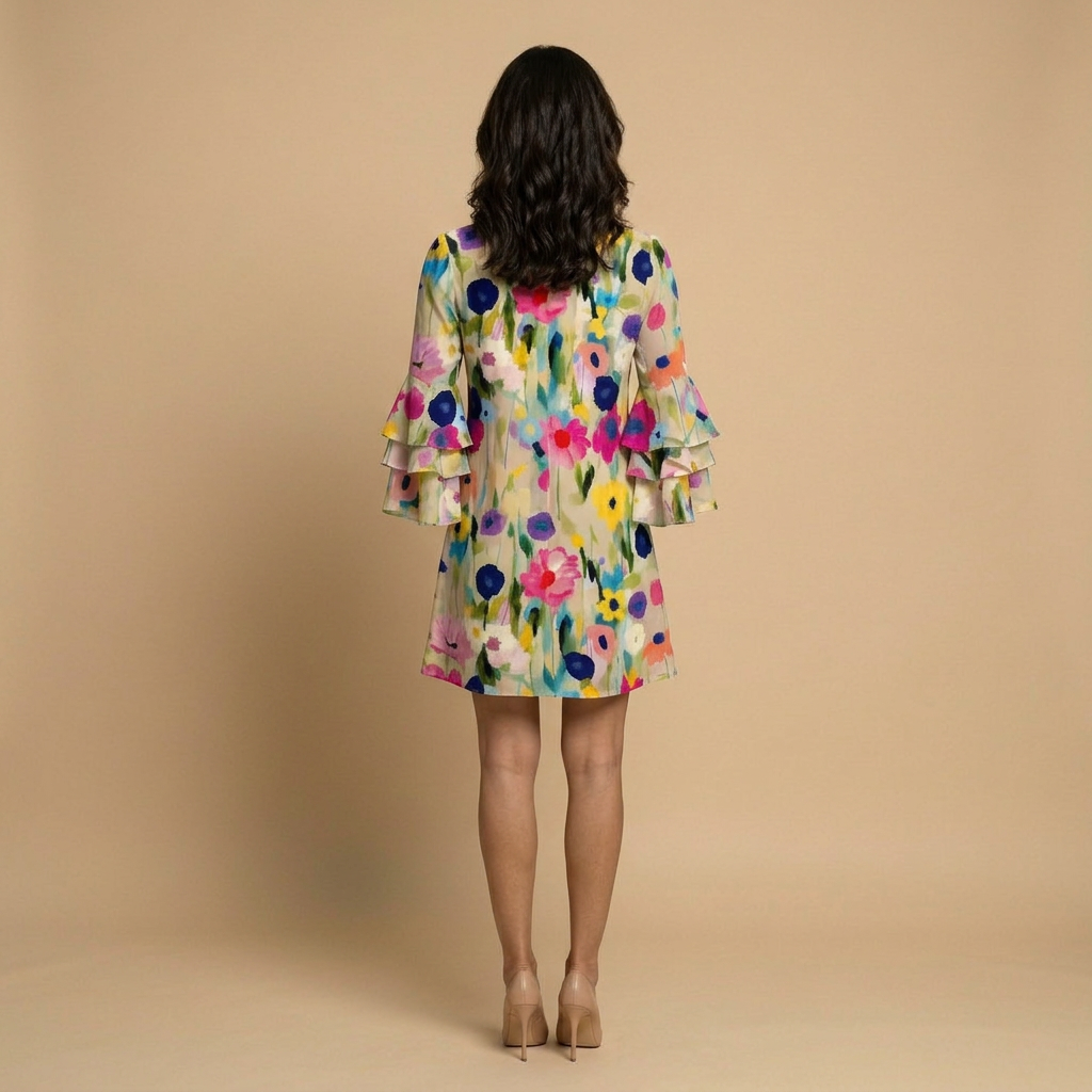 Vestido Corto Mujer Estampado Floral Manga Volante