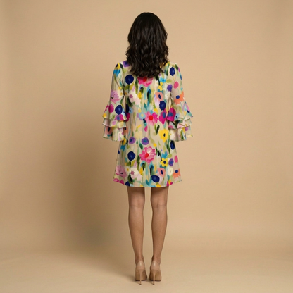 Vestido Corto Mujer Estampado Floral Manga Volante
