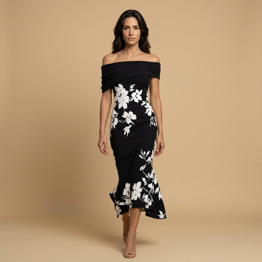 Vestido Midi Mujer Floral Asimétrico Hombros Descubiertos - Mavetta