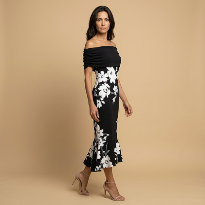 Vestido Midi Mujer Floral Asimétrico Hombros Descubiertos