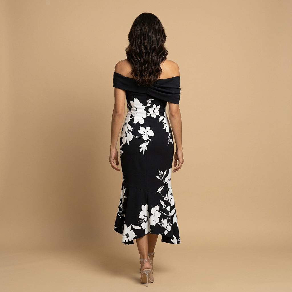 Vestido Midi Mujer Floral Asimétrico Hombros Descubiertos
