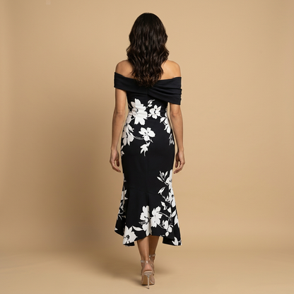 Vestido Midi Mujer Floral Asimétrico Hombros Descubiertos