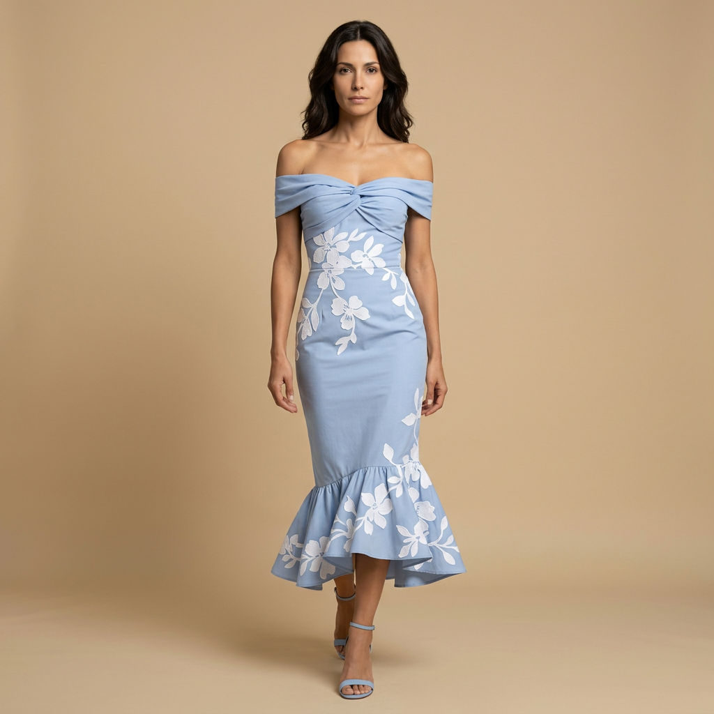 Vestido Midi Mujer Floral Asimétrico Hombros Descubiertos