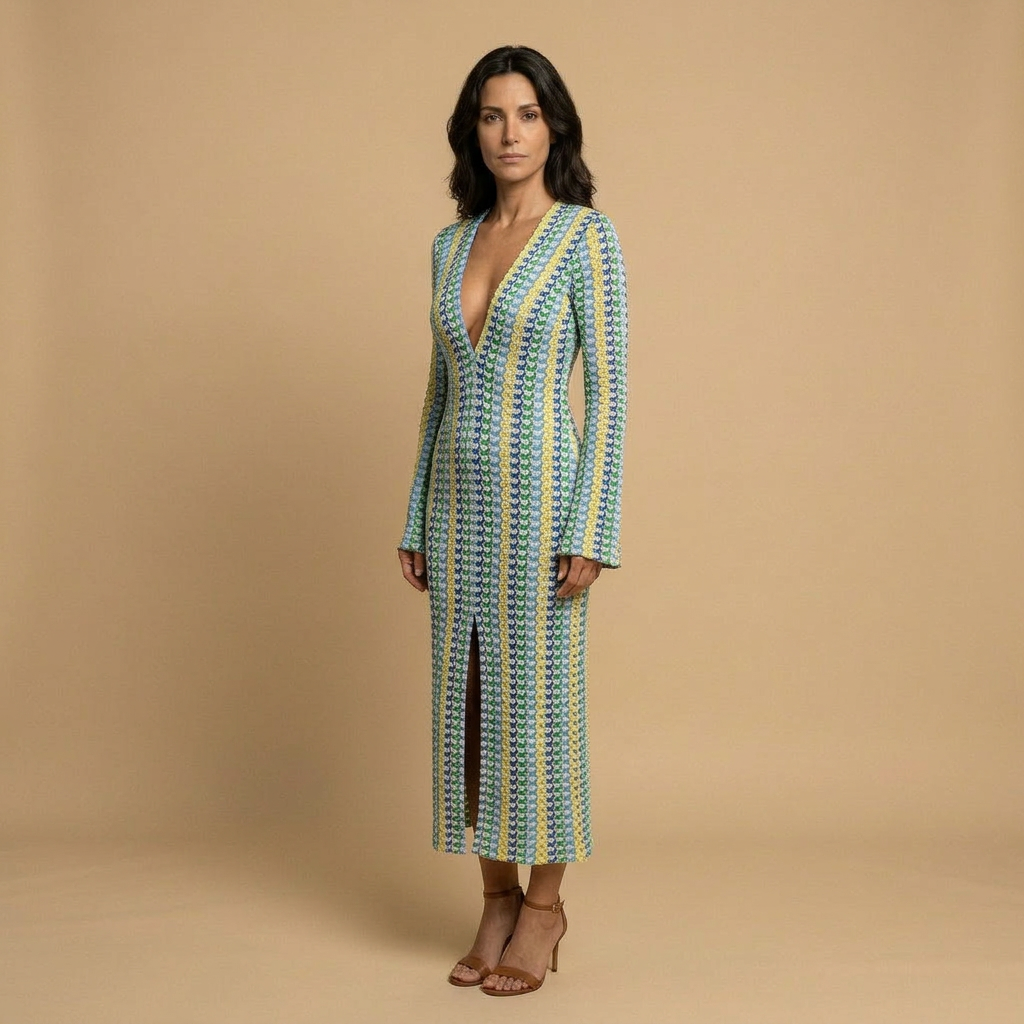 Vestido Largo Mujer de Crochet Ajuste Suelto Manga Campana