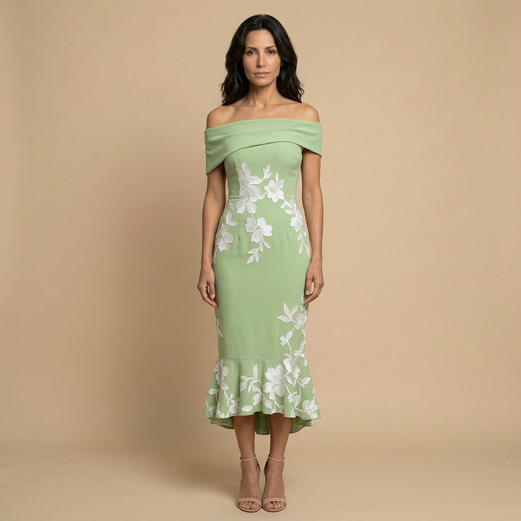 Vestido Midi Mujer Floral Asimétrico Hombros Descubiertos