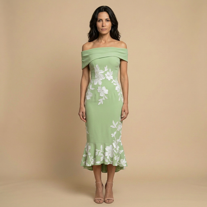 Vestido Midi Mujer Floral Asimétrico Hombros Descubiertos