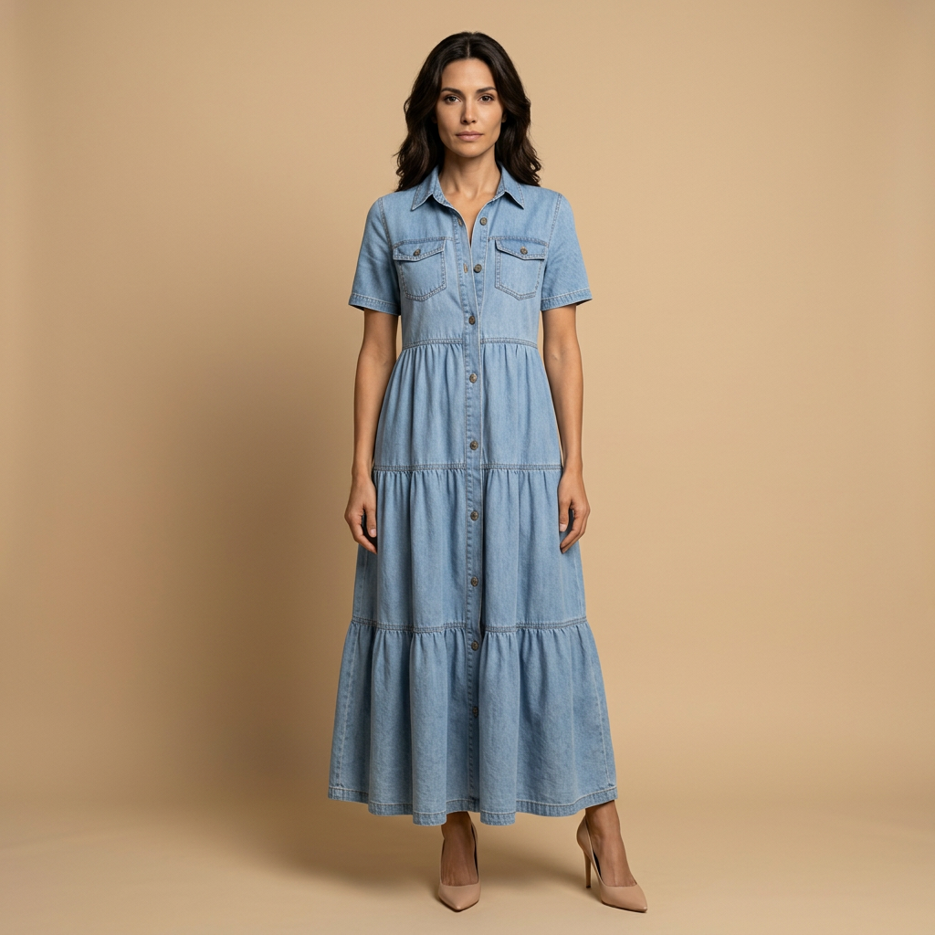 Vestido Largo Mujer Denim Camisero Botones Bolsillos - Mavetta