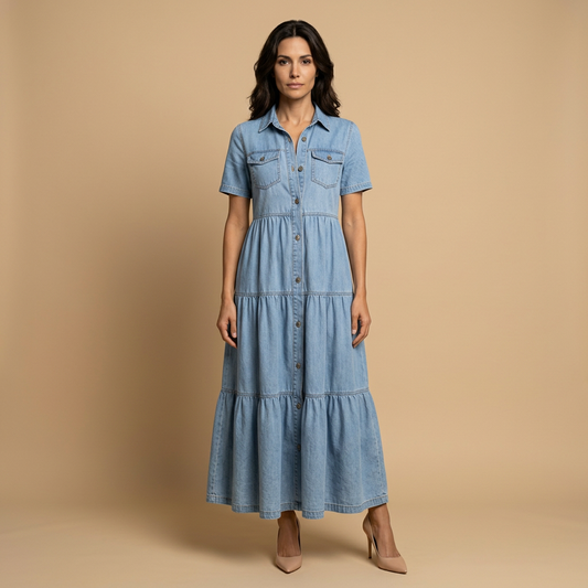 Vestido Largo Mujer Denim Camisero Botones Bolsillos - Mavetta