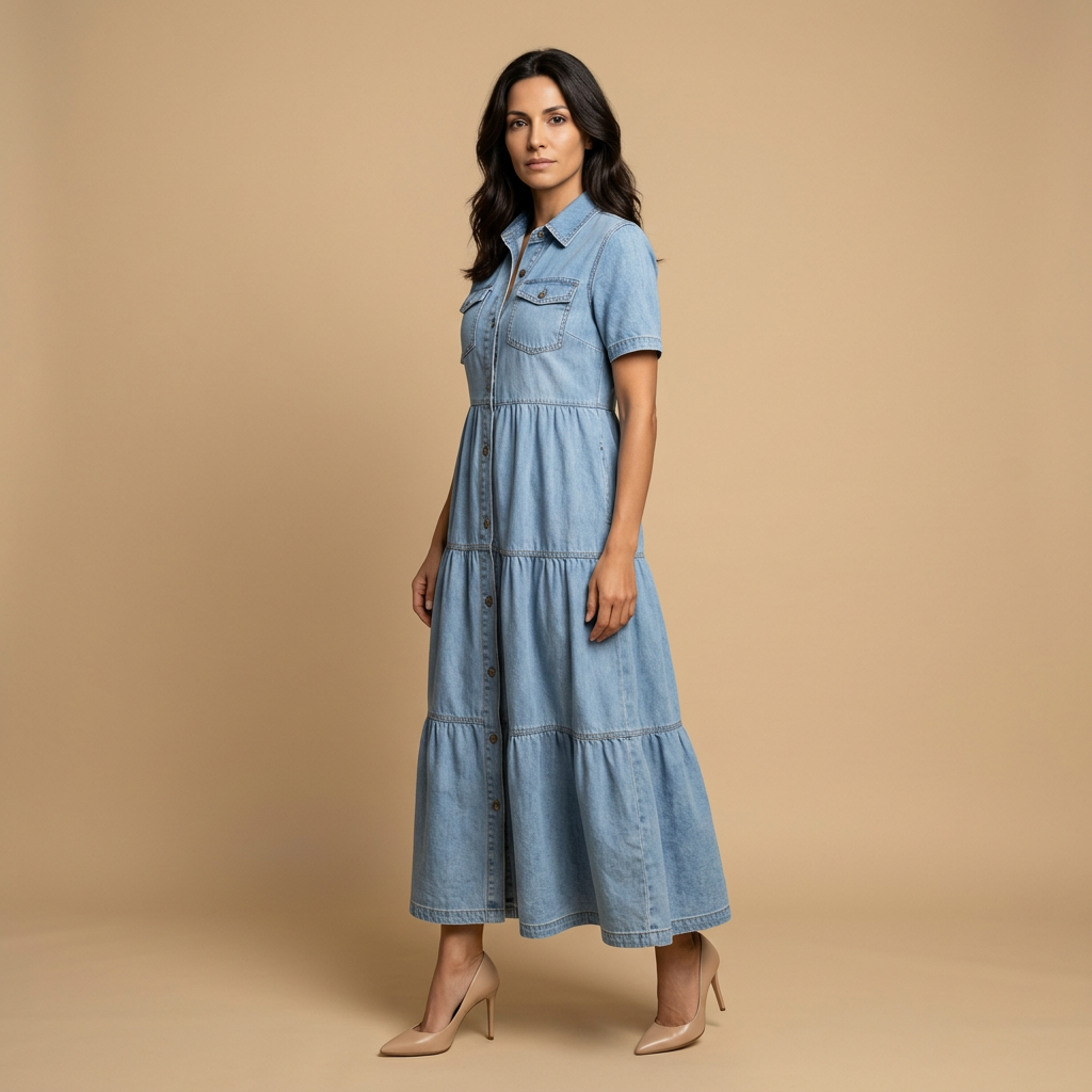Vestido Largo Mujer Denim Camisero Botones Bolsillos