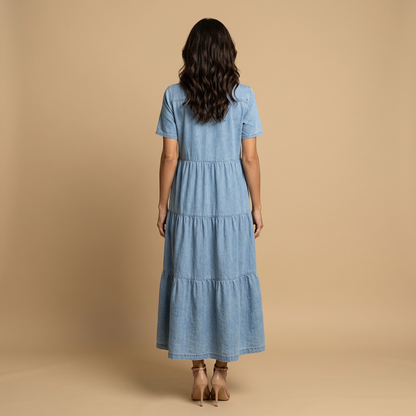 Vestido Largo Mujer Denim Camisero Botones Bolsillos