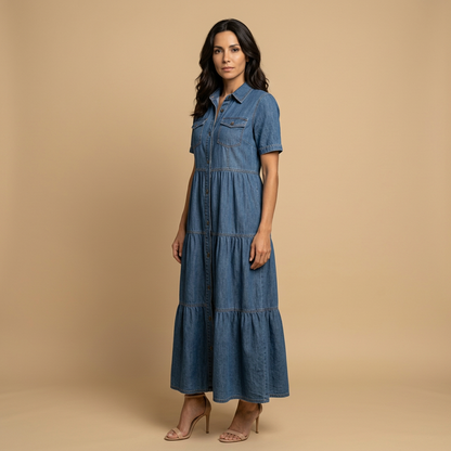 Vestido Largo Mujer Denim Camisero Botones Bolsillos