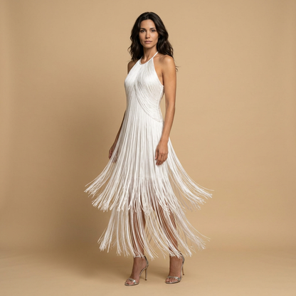 Vestido Largo Mujer de Flecos Estilo Halter