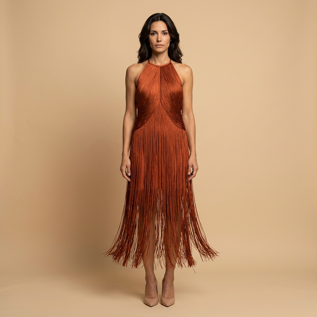 Vestido Largo Mujer de Flecos Estilo Halter
