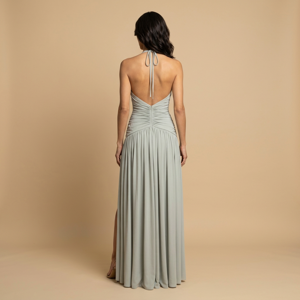 Vestido Largo Mujer Escote en V Halter Fruncido con Abertura
