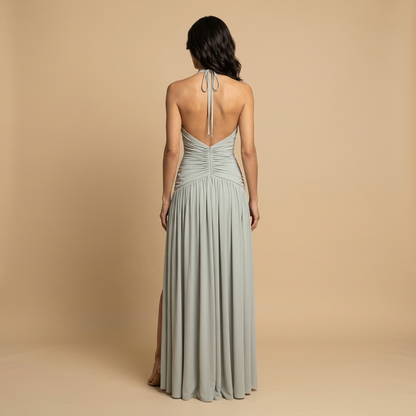 Vestido Largo Mujer Escote en V Halter Fruncido con Abertura