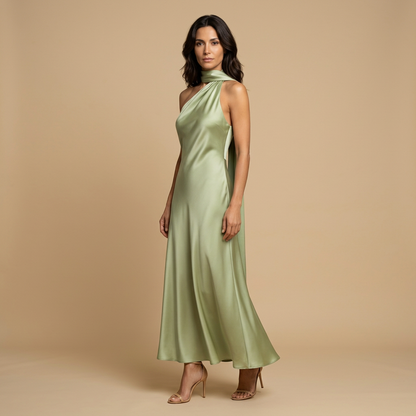 Vestido Largo Mujer Satinado Halter con Estola Integrada