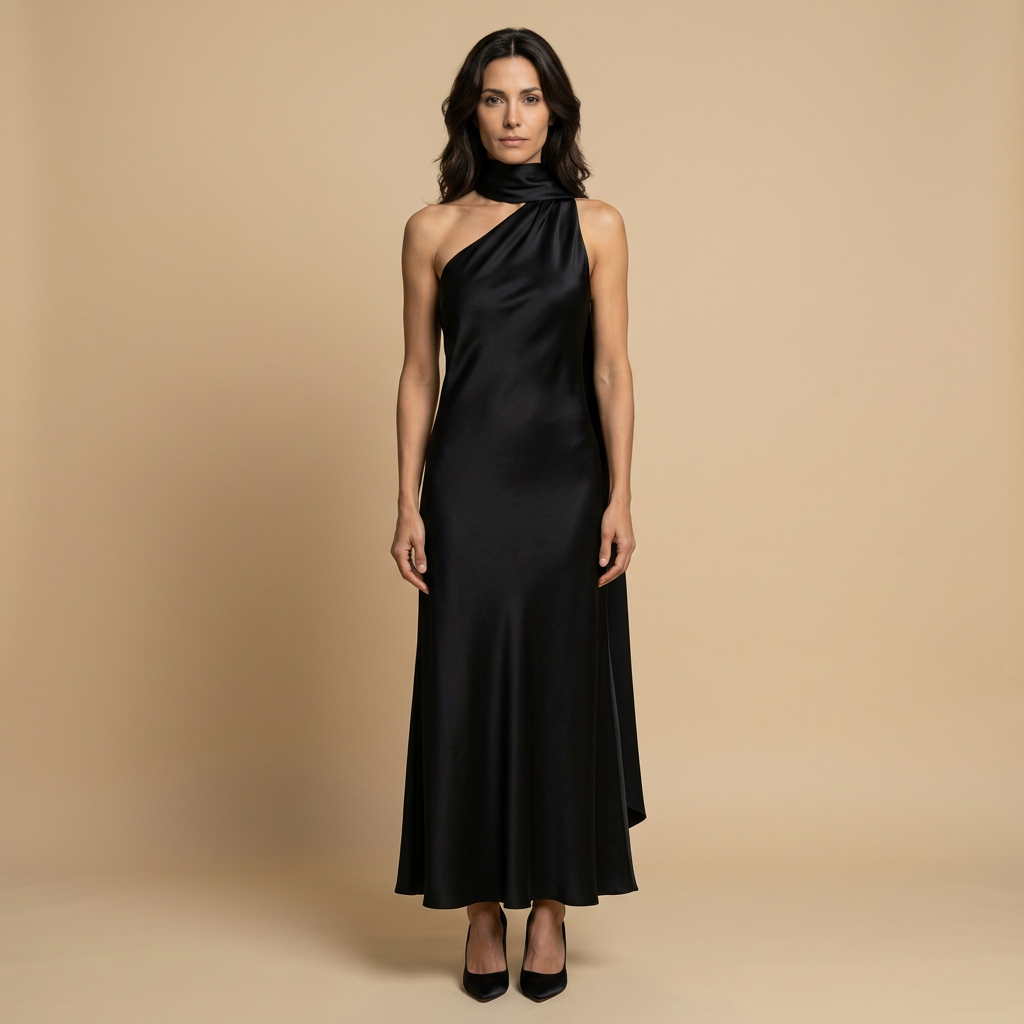 Vestido Largo Mujer Satinado Halter con Estola Integrada