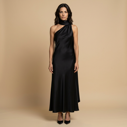 Vestido Largo Mujer Satinado Halter con Estola Integrada