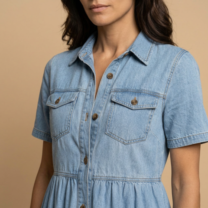 Vestido Largo Mujer Denim Camisero Botones Bolsillos