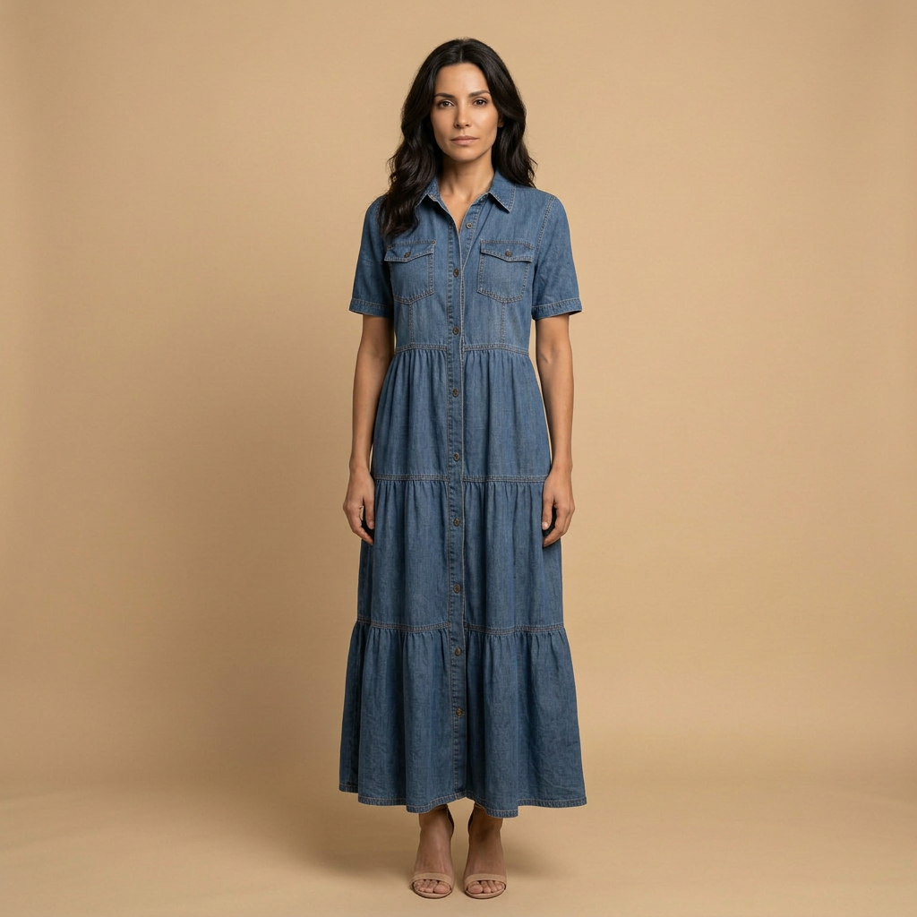 Vestido Largo Mujer Denim Camisero Botones Bolsillos
