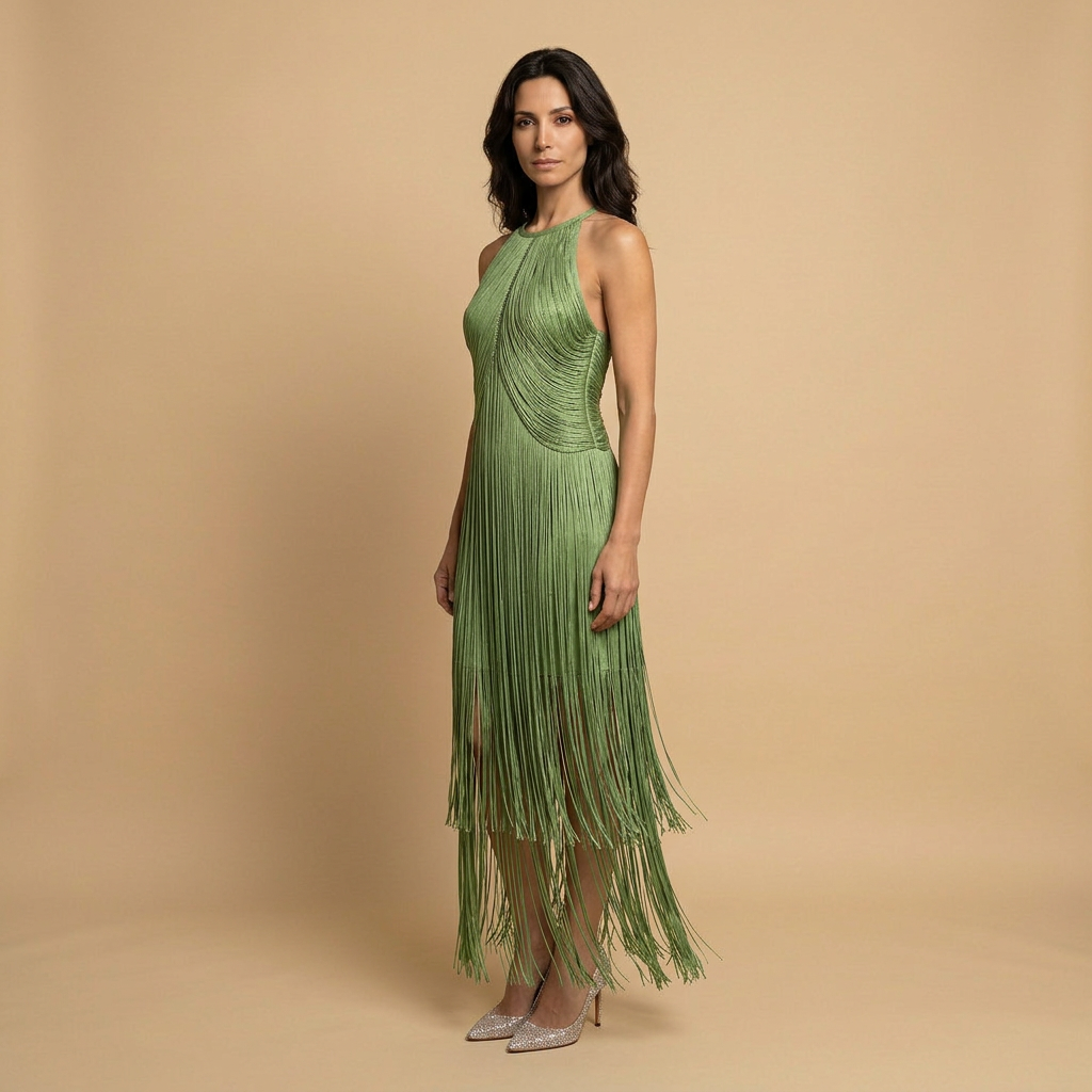 Vestido Largo Mujer de Flecos Estilo Halter
