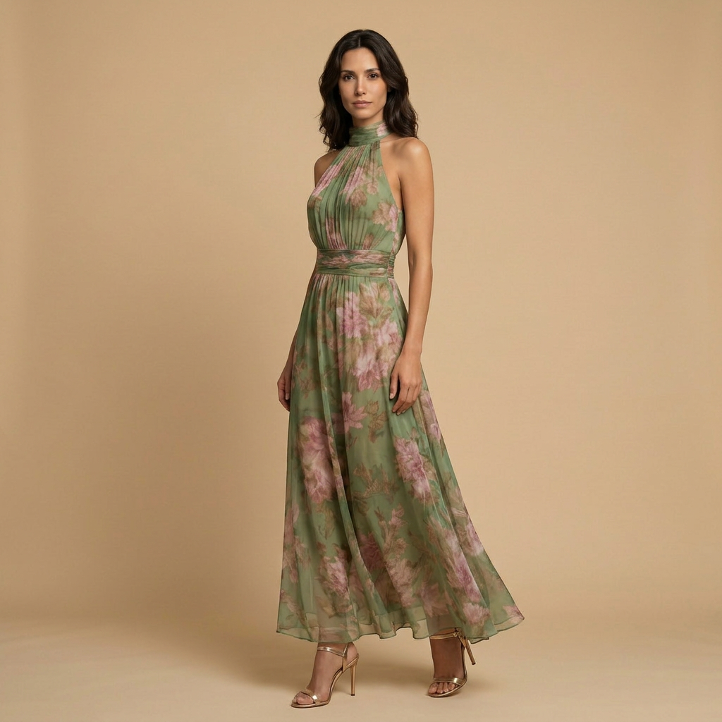 Vestido Mujer de Chifón Floral Cuello Halter