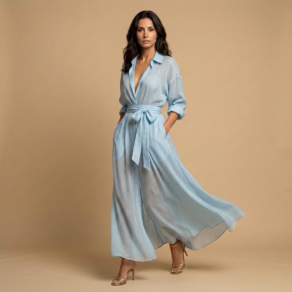 Vestido Largo Mujer de Organza Estilo Camisero con Cinturón de Lazo