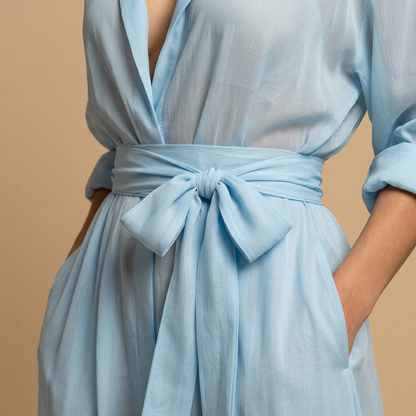 Vestido Largo Mujer de Organza Estilo Camisero con Cinturón de Lazo