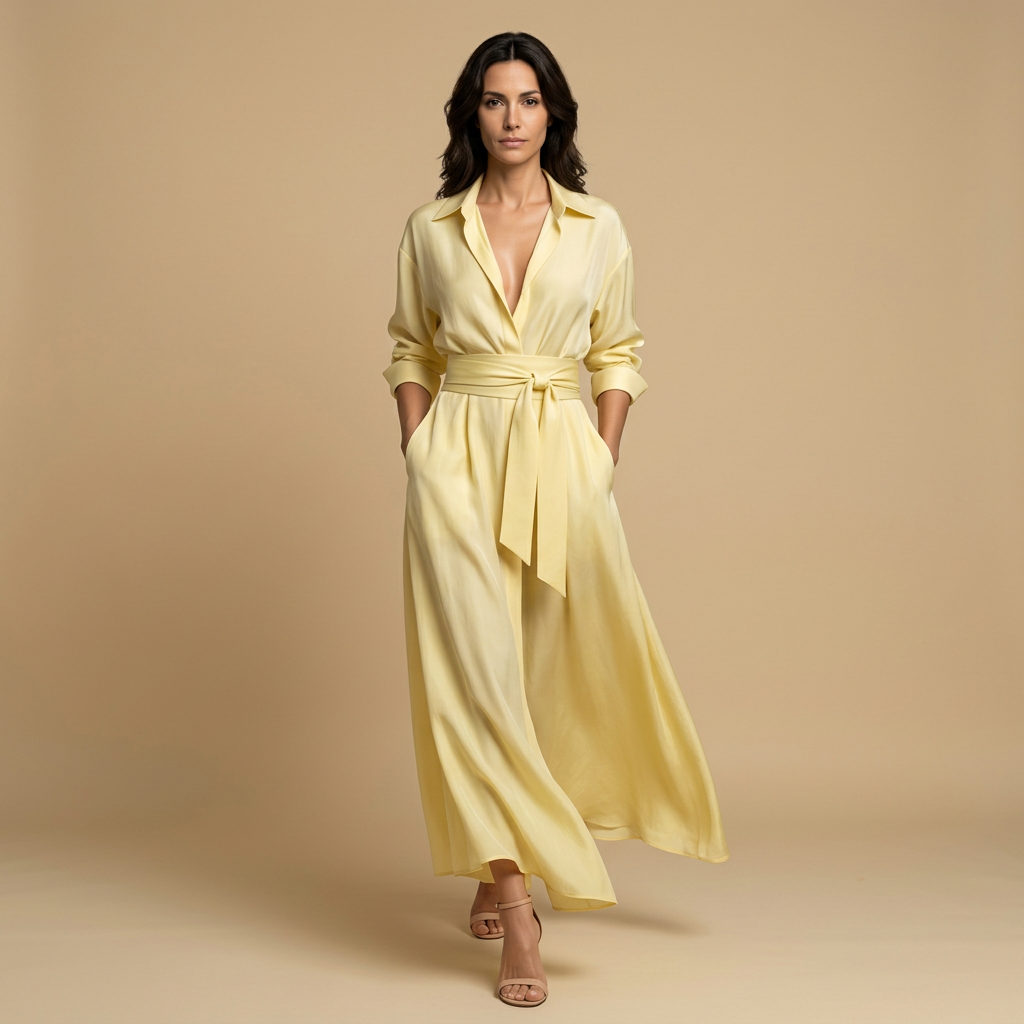Vestido Largo Mujer de Organza Estilo Camisero con Cinturón de Lazo