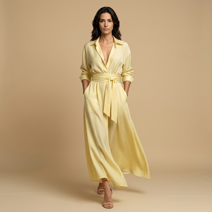 Vestido Largo Mujer de Organza Estilo Camisero con Cinturón de Lazo