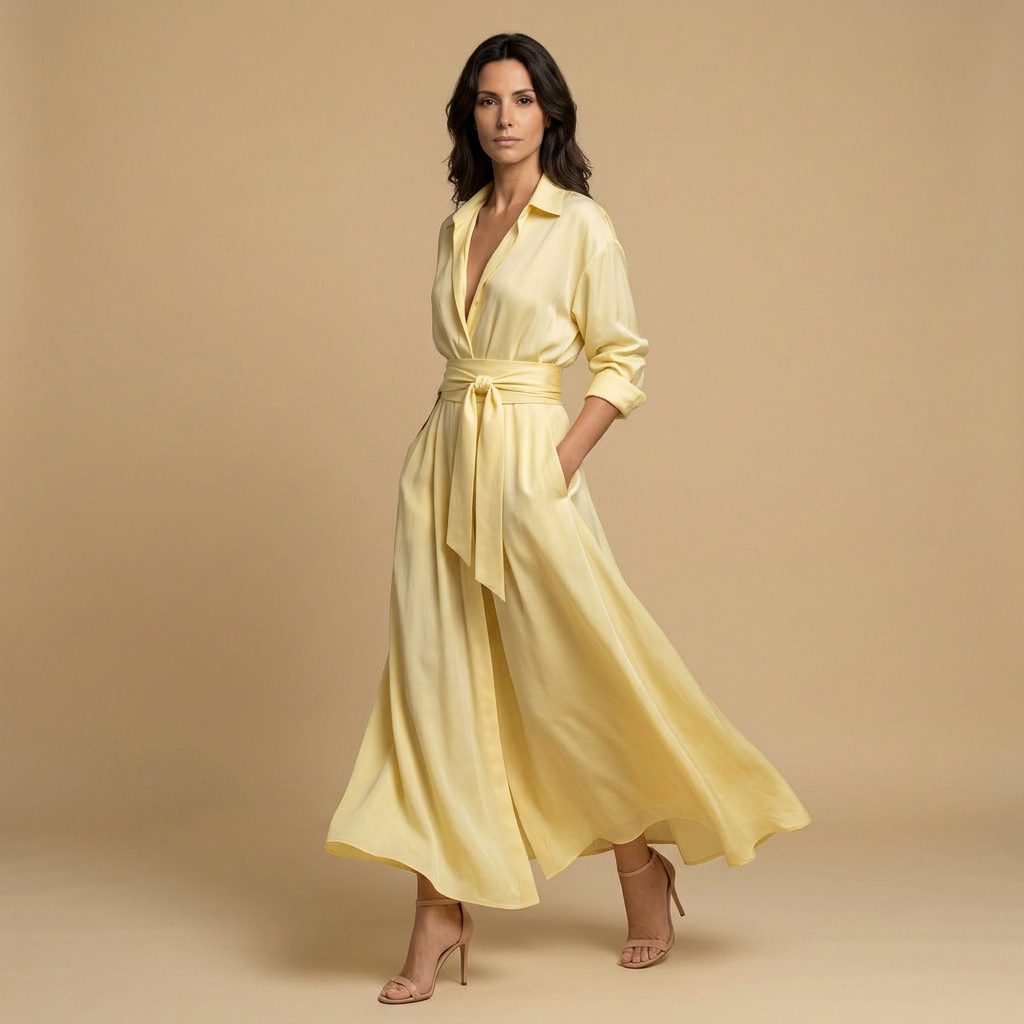 Vestido Largo Mujer de Organza Estilo Camisero con Cinturón de Lazo