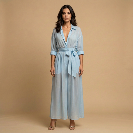 Vestido Largo Mujer de Organza Estilo Camisero con Cinturón de Lazo - Mavetta