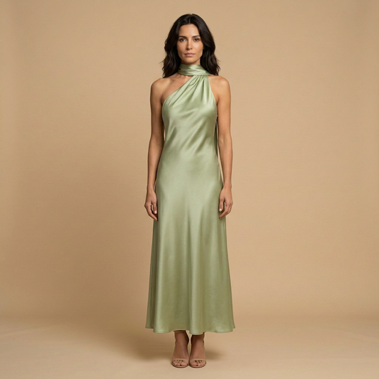 Vestido Largo Mujer Satinado Halter con Estola Integrada - Mavetta