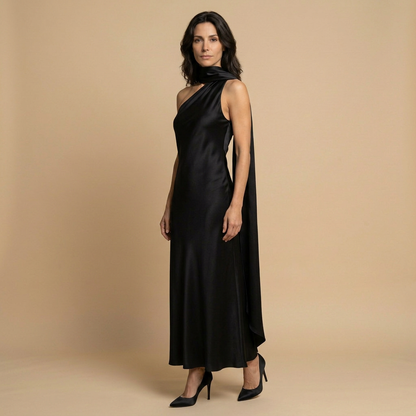 Vestido Largo Mujer Satinado Halter con Estola Integrada